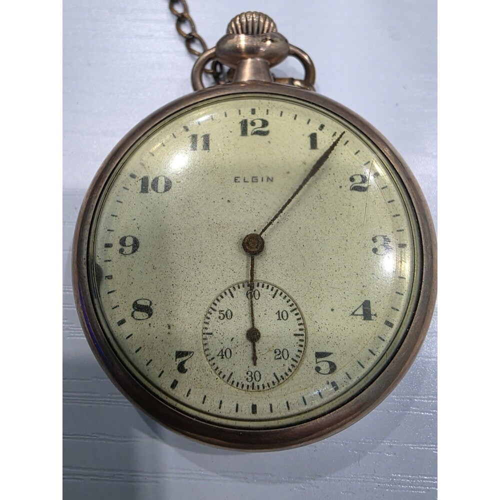 Antique 1900s Elgin Open Face Pocket Watch Gold Filled Case White Arabic Dial